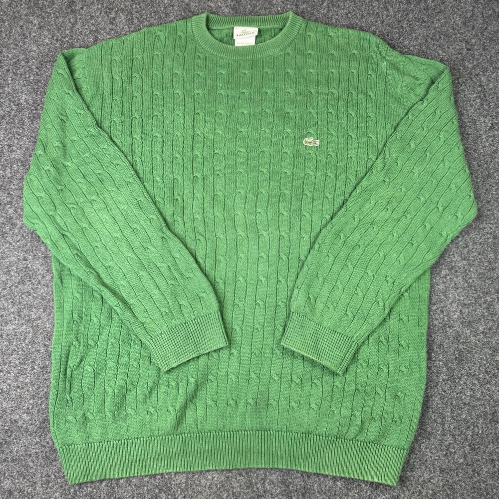 Lacoste Men's XL Green Cable Knit Wool Sweater Crocodile Preppy Old Money